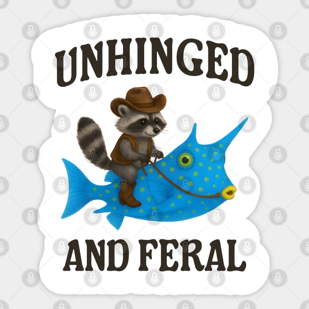 Raccoon Riding Longhorn Cowfish: Unhinged and Feral Sticker by Luxinda